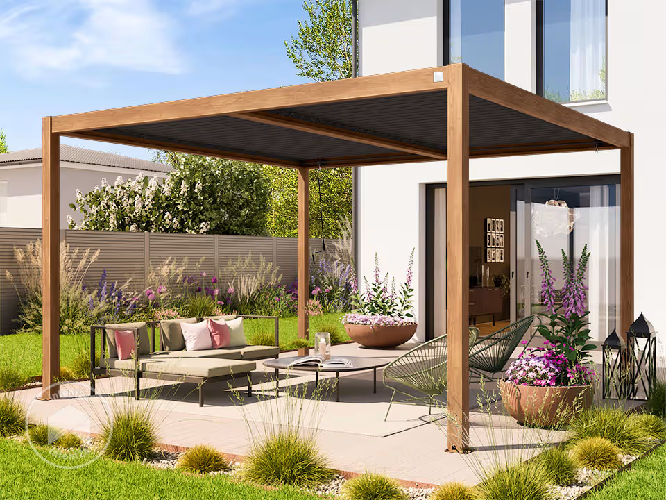 Pergola Bioclimatique 4x4 m Premium Aspect Bois & Lames Gris-Perle