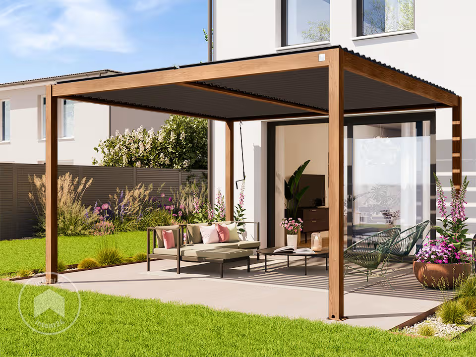 Pergola Bioclimatique 4x4 m Premium Aspect Bois & Lames Gris-Perle — photo 2