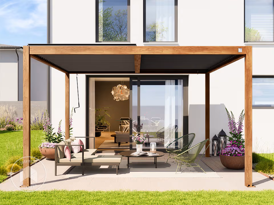 Pergola Bioclimatique 4x4 m Premium Aspect Bois & Lames Gris-Perle — photo 3