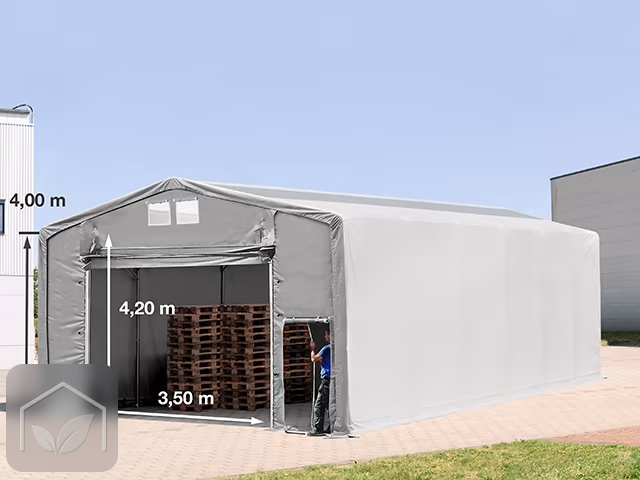 8x12 m hangar, PRIMEtex 2300, H. 4m avec porte actionnée par traction et fenêtres dans le toit
