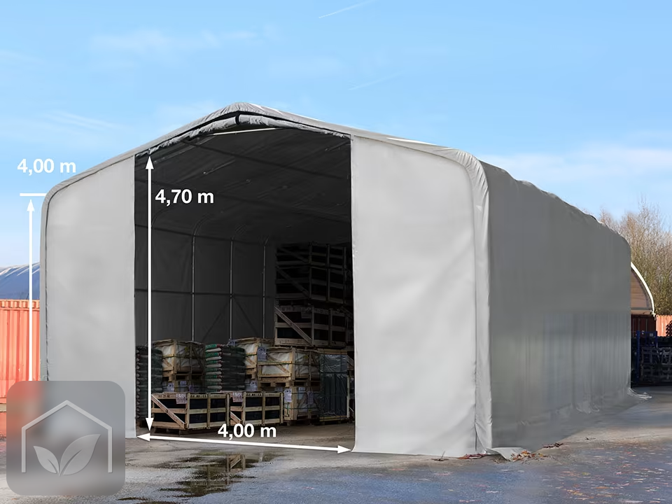 8x12 m hangar, porte 4,0x4,7 m, toile PVC de 850